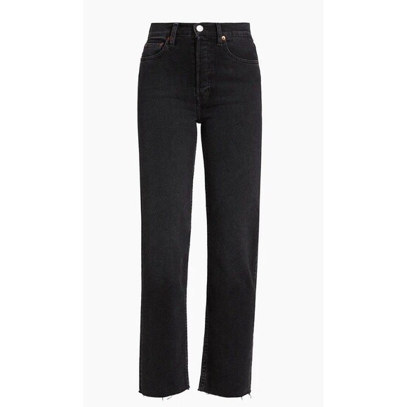 RE/DONE High Rise Black Stretch 70s Stove Pipe Jeans Button Fly Raw Hem Size 28 - Picture 3 of 15